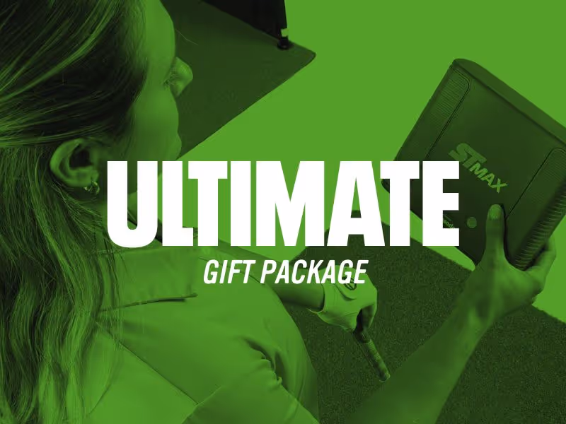 Person holding an STMAX fitness device with text 'ULTIMATE GIFT PACKAGE' overlaid in white.