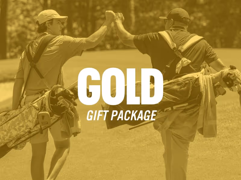 Two golfers with bags giving a fist bump on a golf course, overlaid with text 'GOLD GIFT PACKAGE'.
