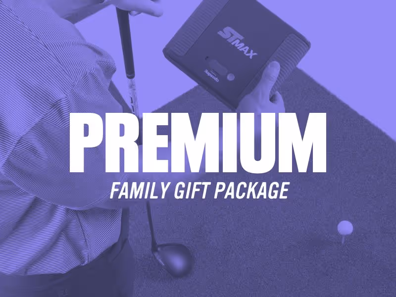 Person holding a golf club and a device labeled STMAX, with text overlay reading Premium Family Gift Package.
