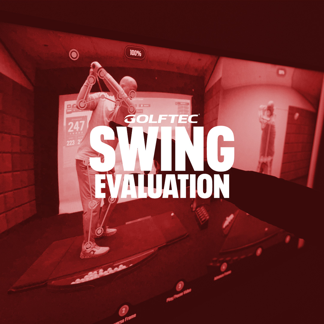 Golf swing evaluation screen showing a golfer's body with motion tracking overlays and analysis data.