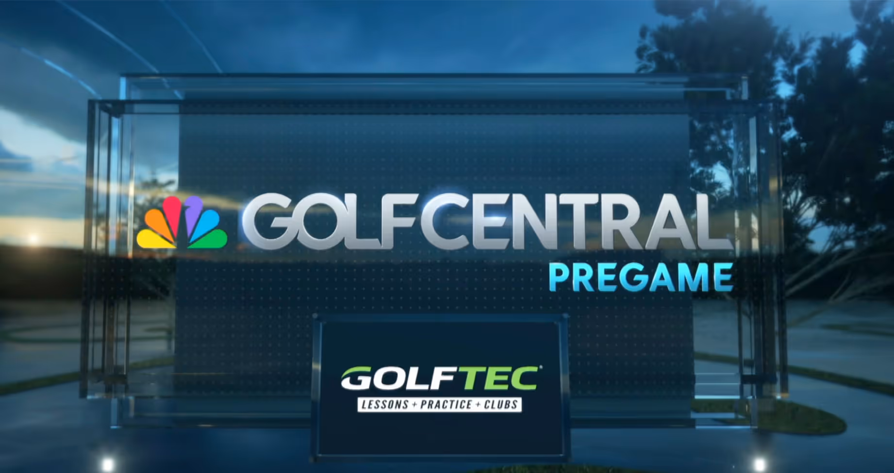Golf Central Pregame logo with NBC peacock icon and GolfTec sponsor logo with lessons, practice, and clubs text.
