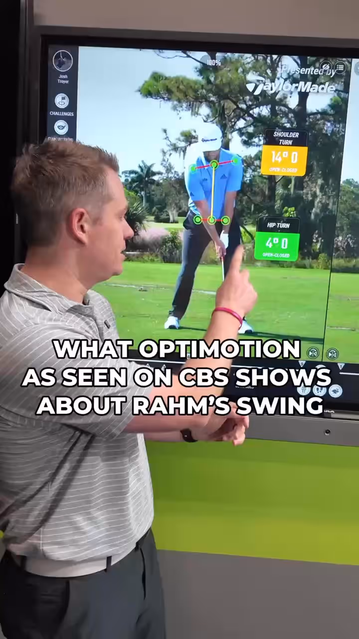 A man explaining golf swing analysis of a golfer on a screen with data on shoulder and hip turn angles.