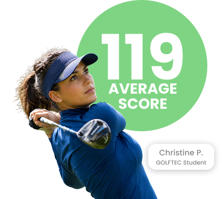 Portrait of a man next to a green circle displaying '115 AVERAGE SCORE', captioned Junior Cavanaugh, GOLFTEC Student.