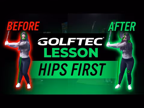 A GOLFTEC biomechanics comparison showing a 'before and after' swing analysis where proper hip-first rotation is applied, demonstrating how optimized kinetic alignment significantly improves golf swing consistency and power.
