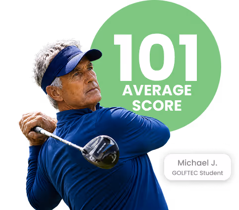 senior golfer finishing his swing with his average score showing behind him