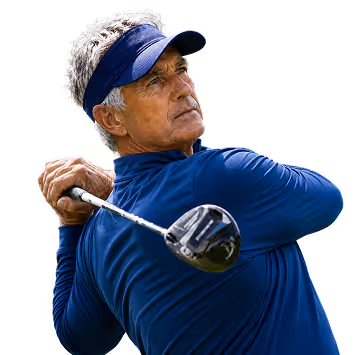 Male golfer executing a full driver swing with the SKYTRAK ST MAX home golf simulator — trusted by serious golfers for 15+ club and ball data points including ball speed, launch angle, and spin rate