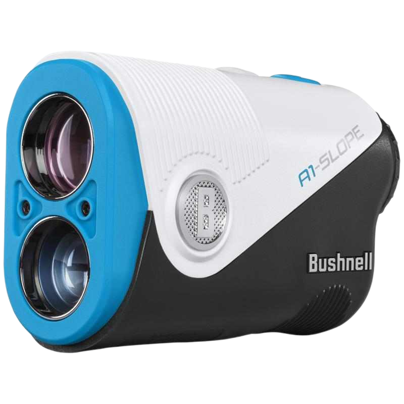 Bushnell A1 Slope Rangefinder in blue — the #1 rangefinder in golf, included FREE with the GOLFTEC Pure Father's Day Gift Package ($3,995). Features slope-adjusted distances, PinSeeker with Visual JOLT, and a $300 retail value — the ultimate Father's Day golf gift add-on
