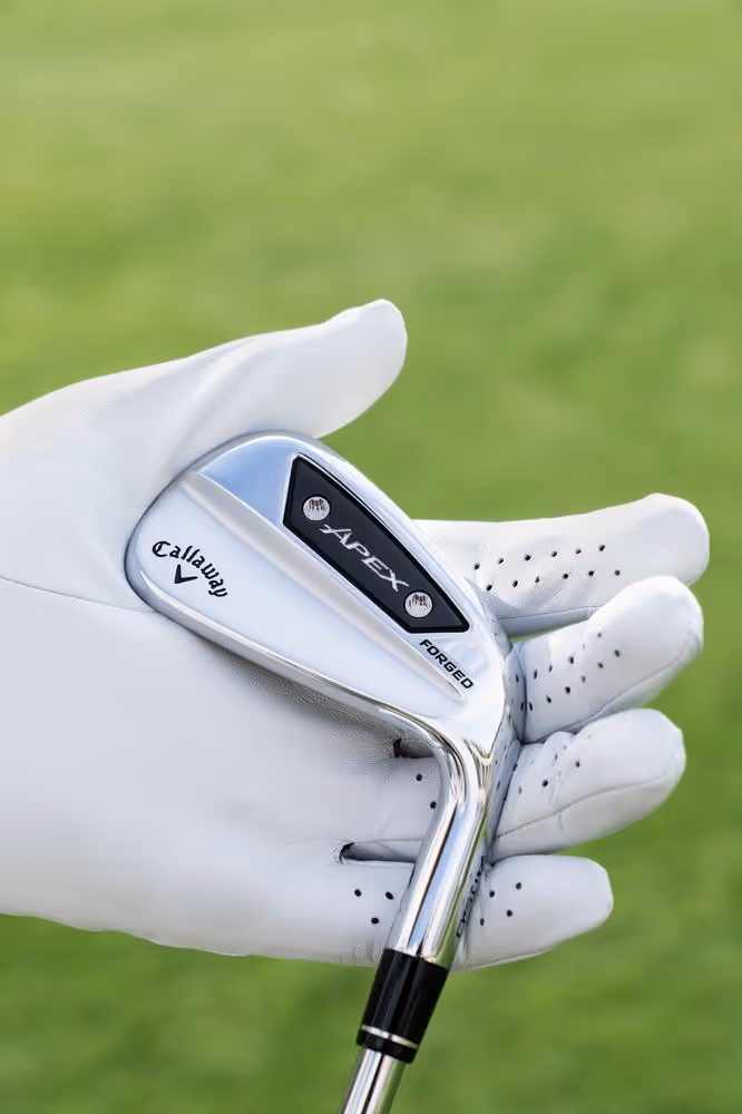 Close-up of golfer holding Apex 150 iron showing back of clubhead on the course