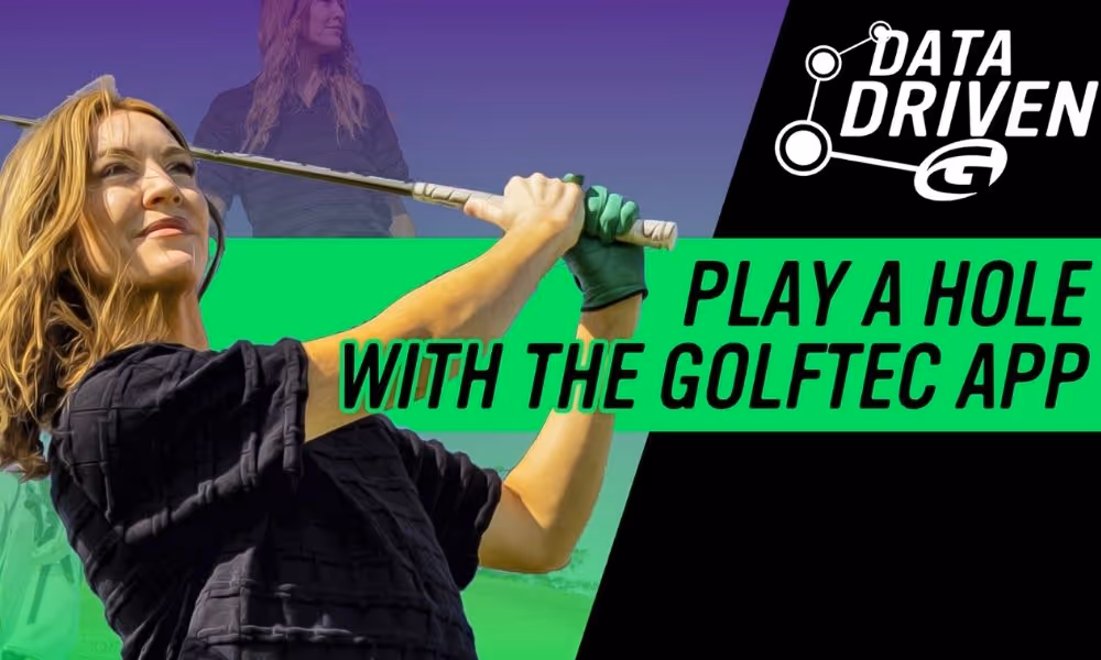 Woman golfer in her backswing with text saying play a hole with the GOLFTEC app next to her