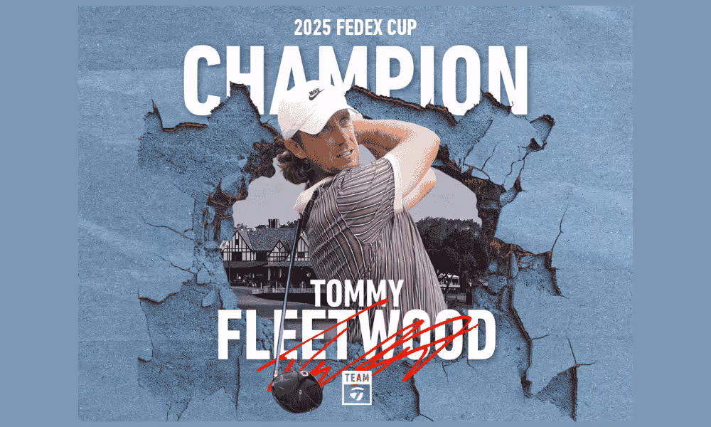 Tommy Fleetwood in backswing blue background