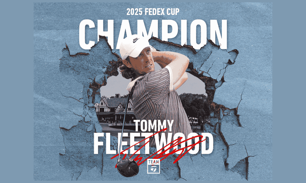 Tommy Fleetwood in backswing blue background