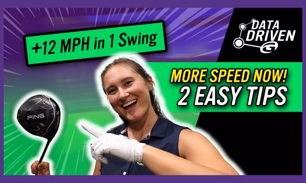 female golfer pointing to driver green and purple background