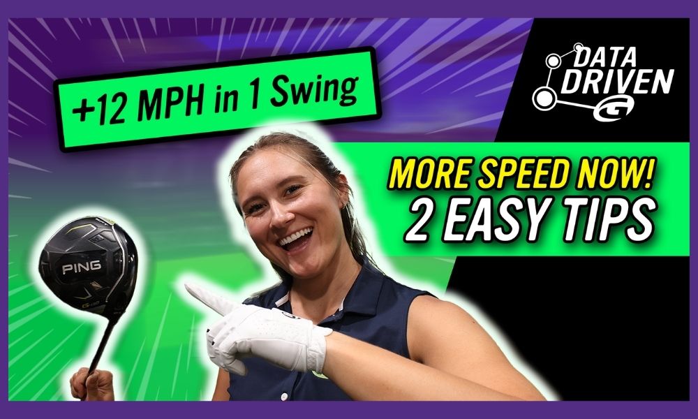 female golfer pointing to driver green and purple background