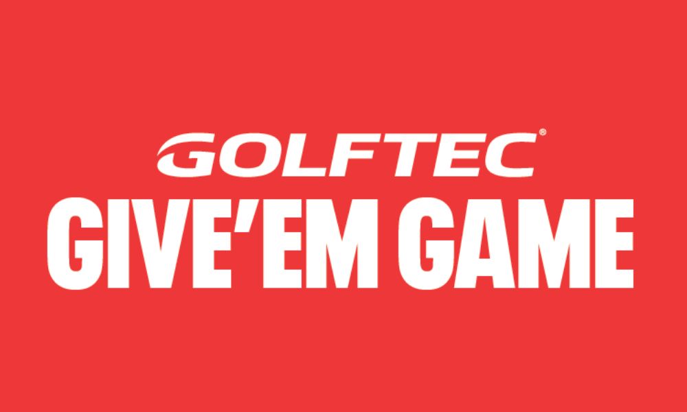 GOLFTEC Give'em game in white text against red background