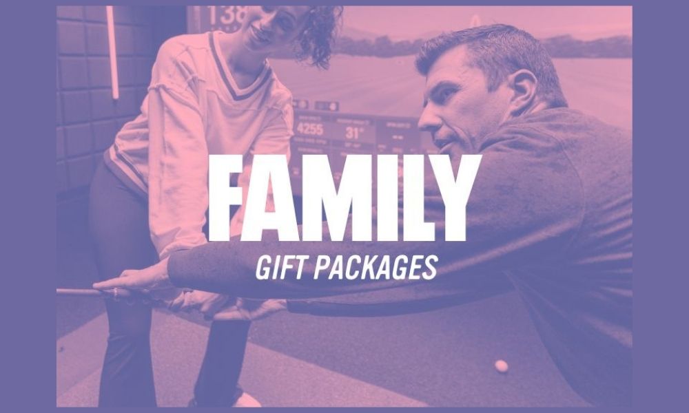 woman getting a golf lesson pink/purple background