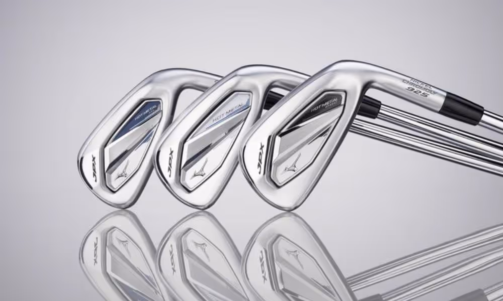 Mizuno JPX iron set displayed in a studio setting, highlighting clubhead design