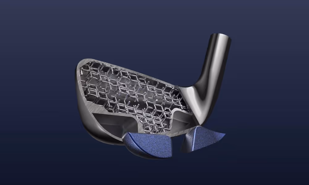 Exploded view of a Cobra 3DP iron revealing 3D-printed lattice design against a navy background