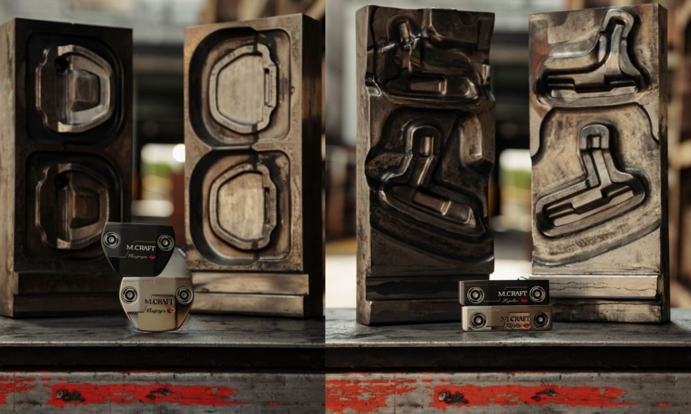 Mizuno M-Craft putter head molds and finished putters displayed on a workbench