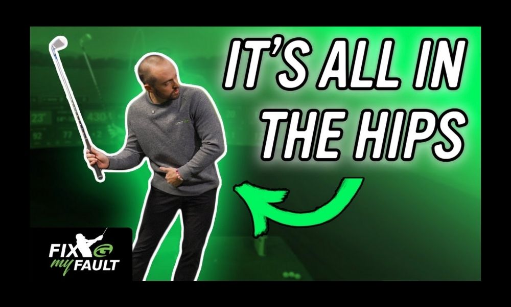 instructor moving hips back in golf swing against green background