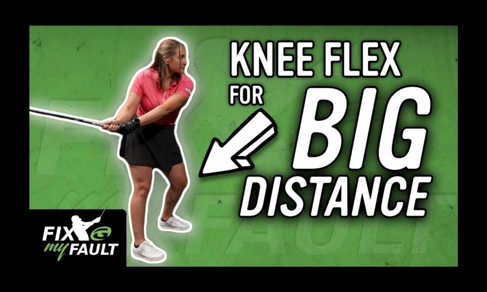 golfer in backswing with text pointing to her knee flex for big distance