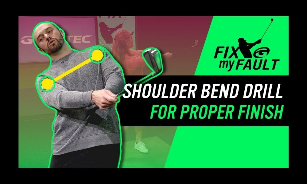 Shoulder bend drill for proper finish text next to golfer practicing his swing