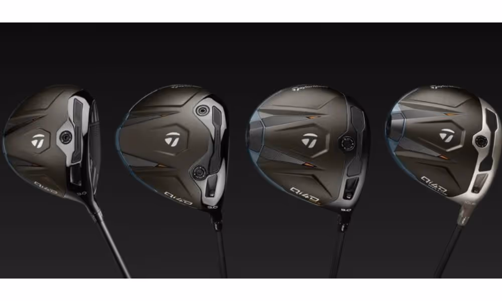 Four Qi4D TaylorMade driver options next to each other against dark surface
