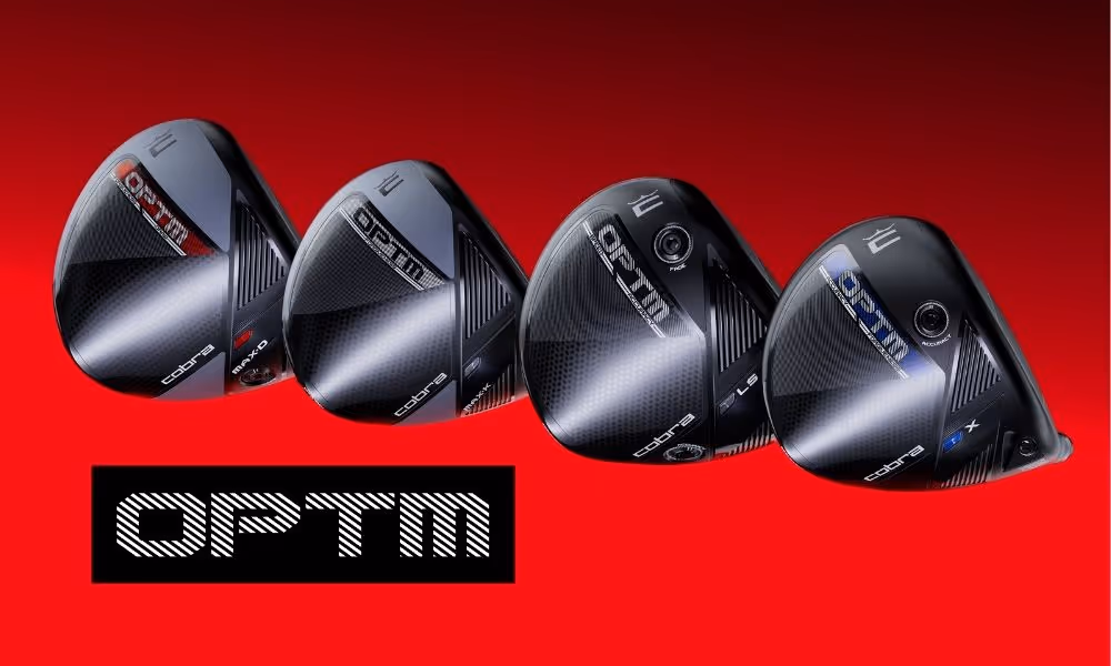 Four OPTM driver heads lined up with red faded background