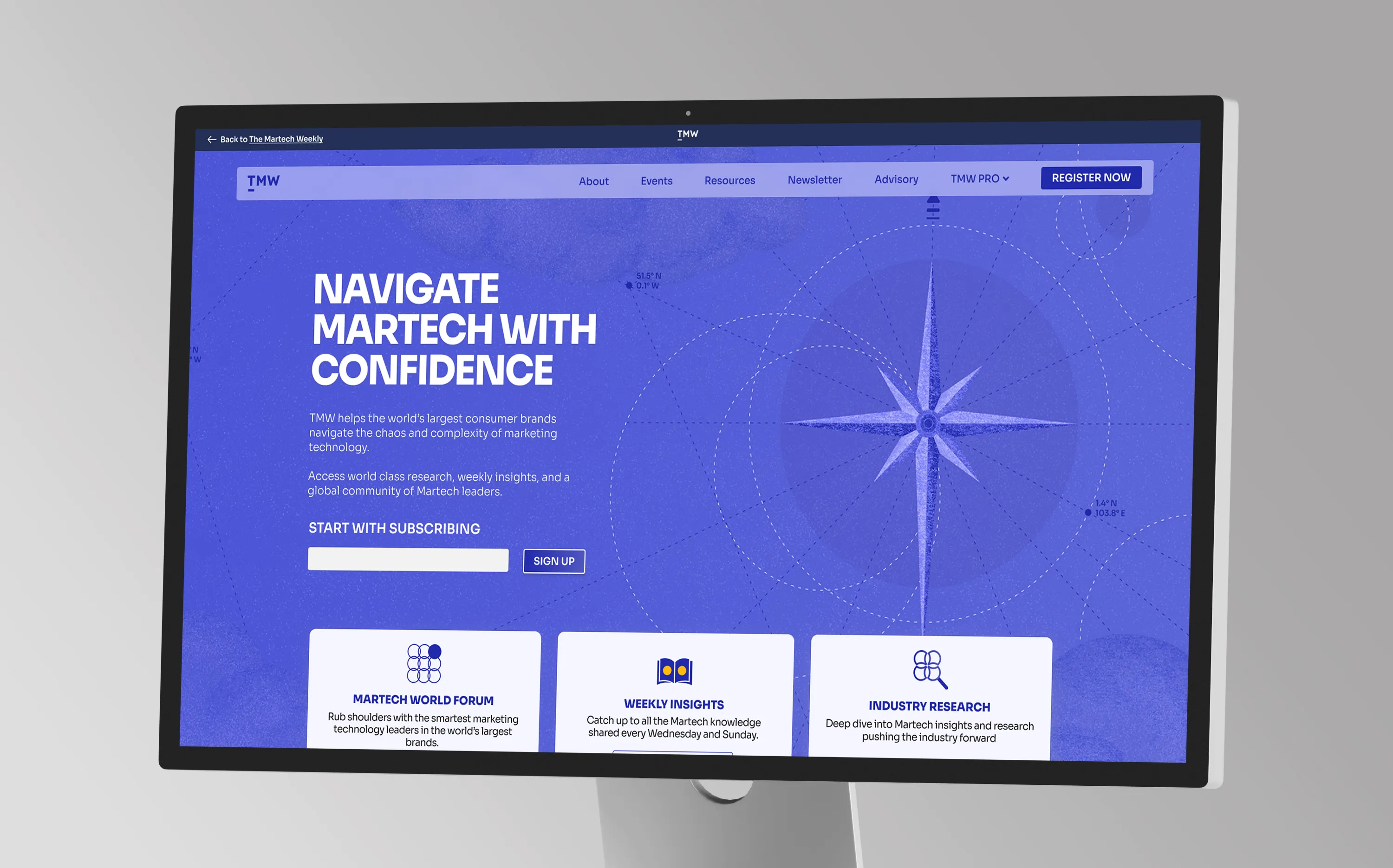 Landing page illustration for The Martech Weekly (TMW), a martech research and advisory company that serves the world's largest consumer brands through events, reports, and weekly insights.