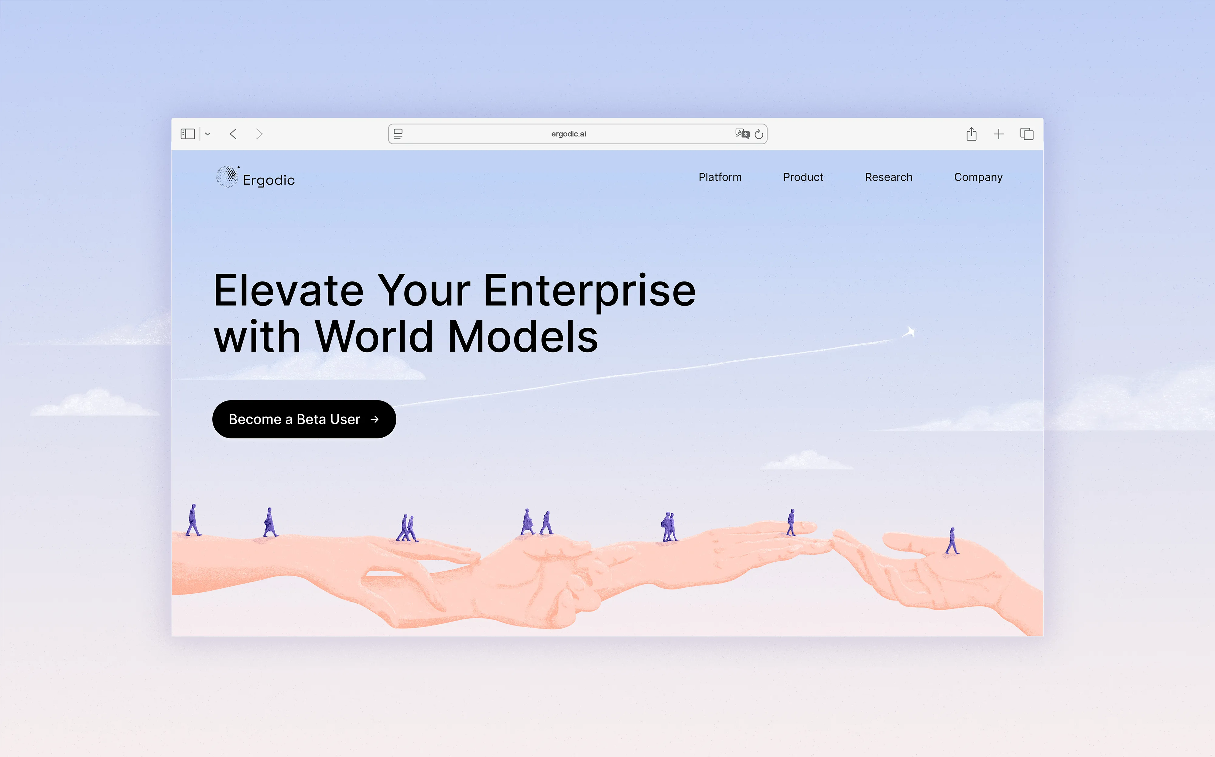 Three website hero illustrations for Ergodic, an AI company building world models that turn business data into intelligence.
