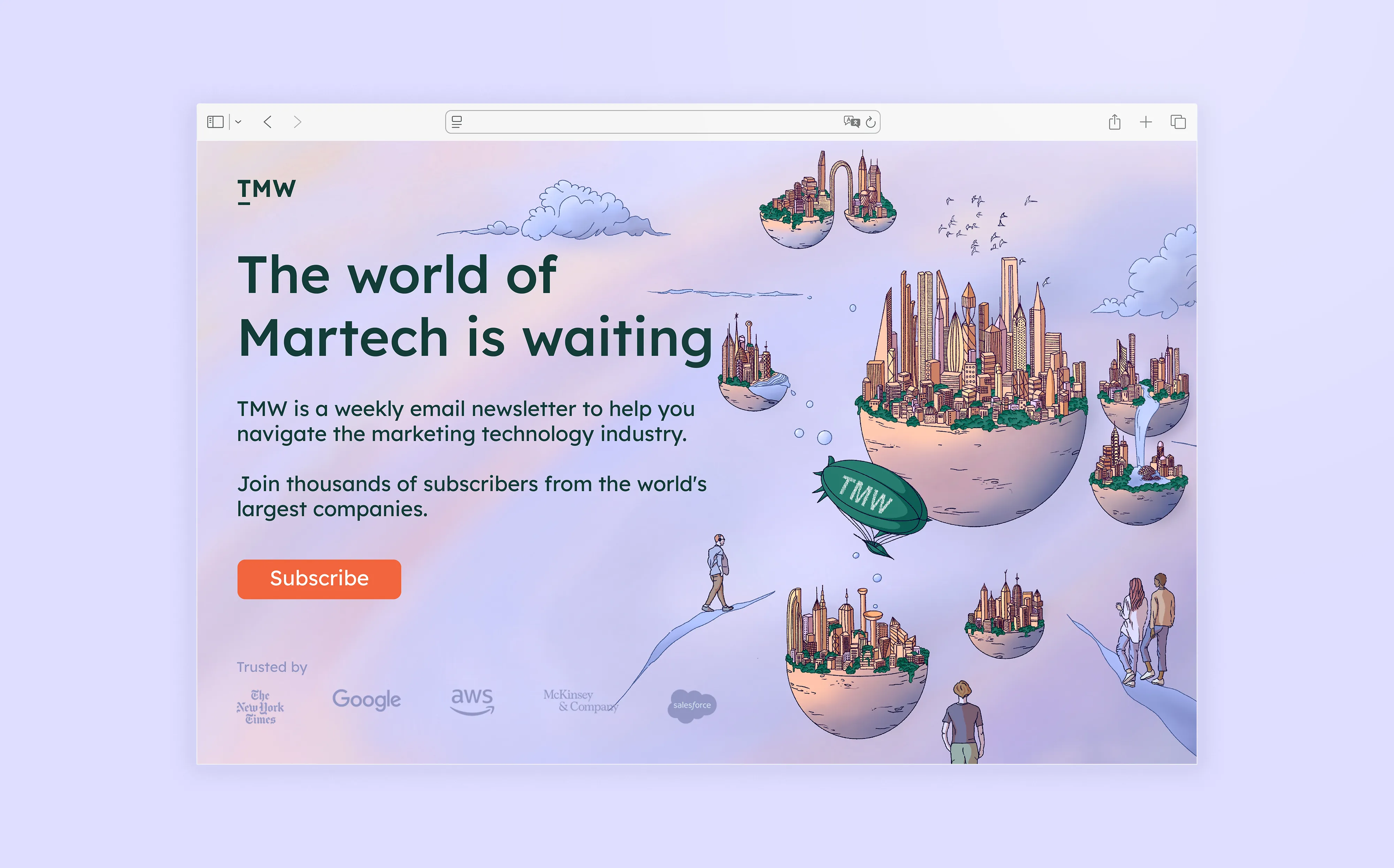 The brief was to give TMW's weekly newsletter a homepage as engaging as the newsletter itself, carrying the same freshness that kept subscribers opening it every week.