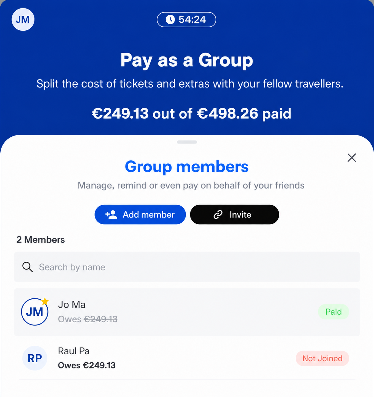 Pay as a Group screen showing €249.13 of €498.26 paid, with a group members list of two travellers marked Paid and Not Joined.