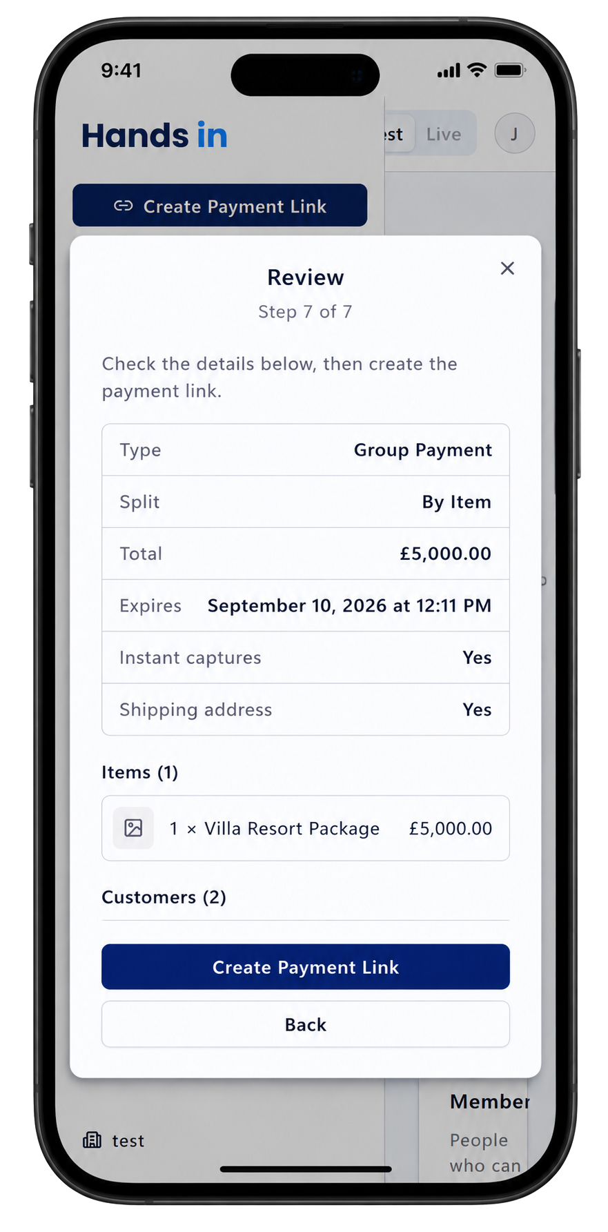 Payment link shared with a group, each person paying their share
