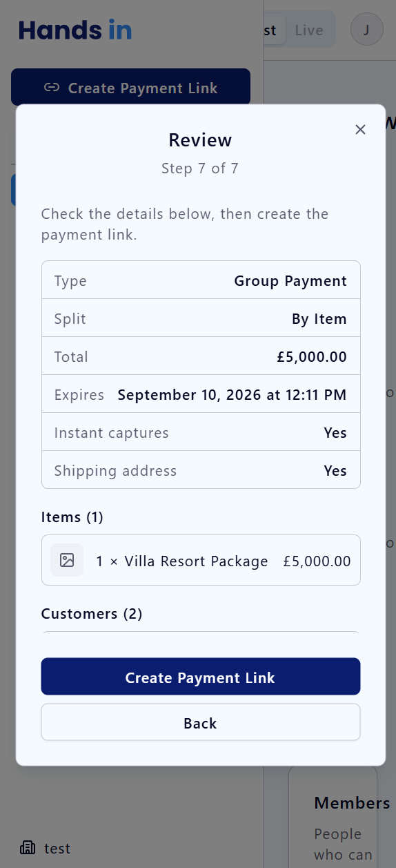 Payment link screen
