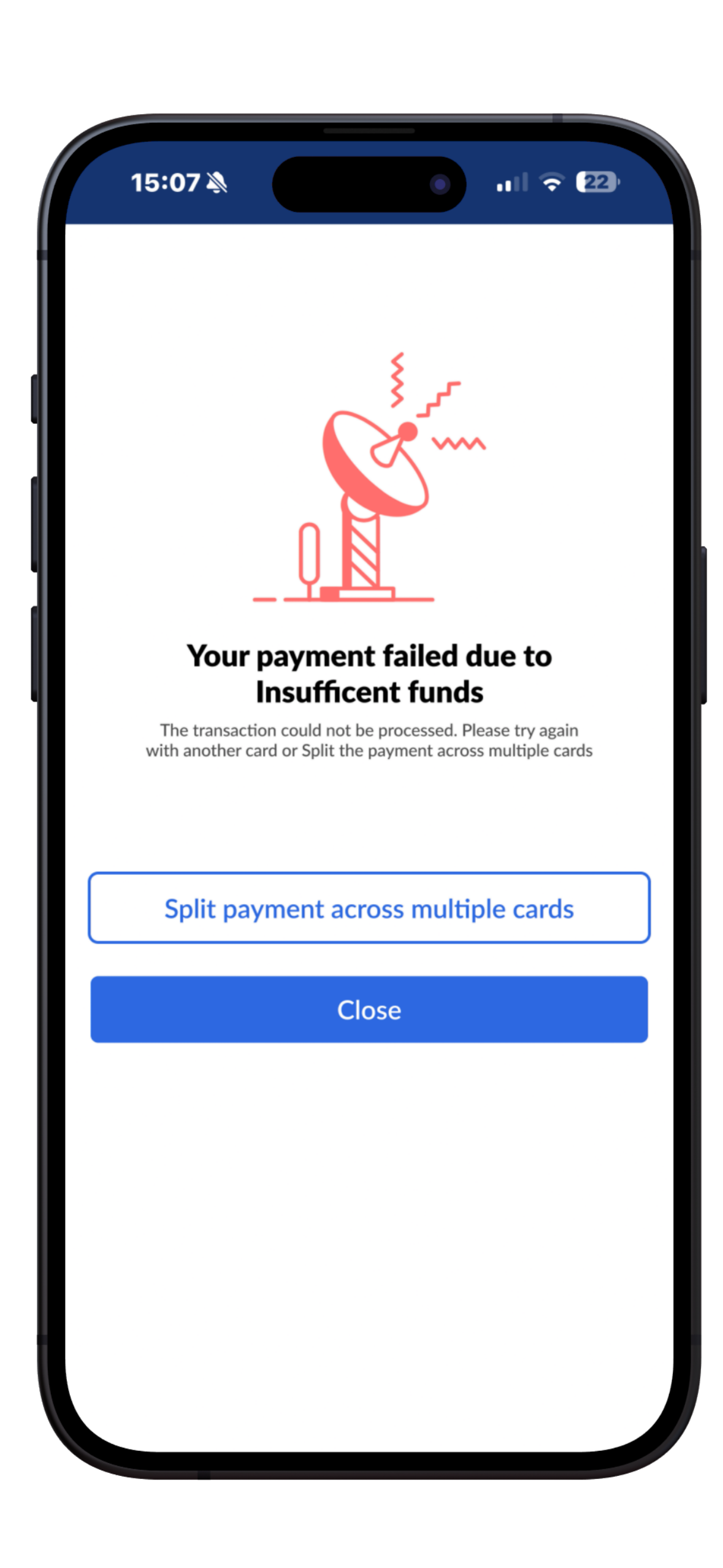 Checkout screen showing a payment declined for insufficient funds, offering to split across cards