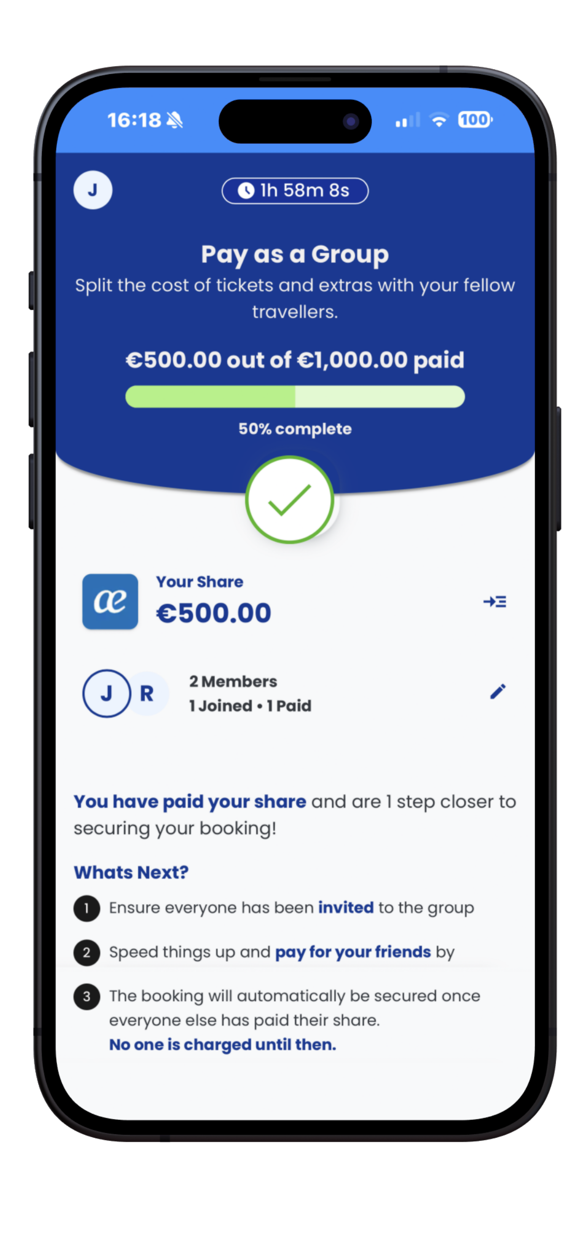 Pay as a Group screen showing a 1,000 euro booking half paid across two members