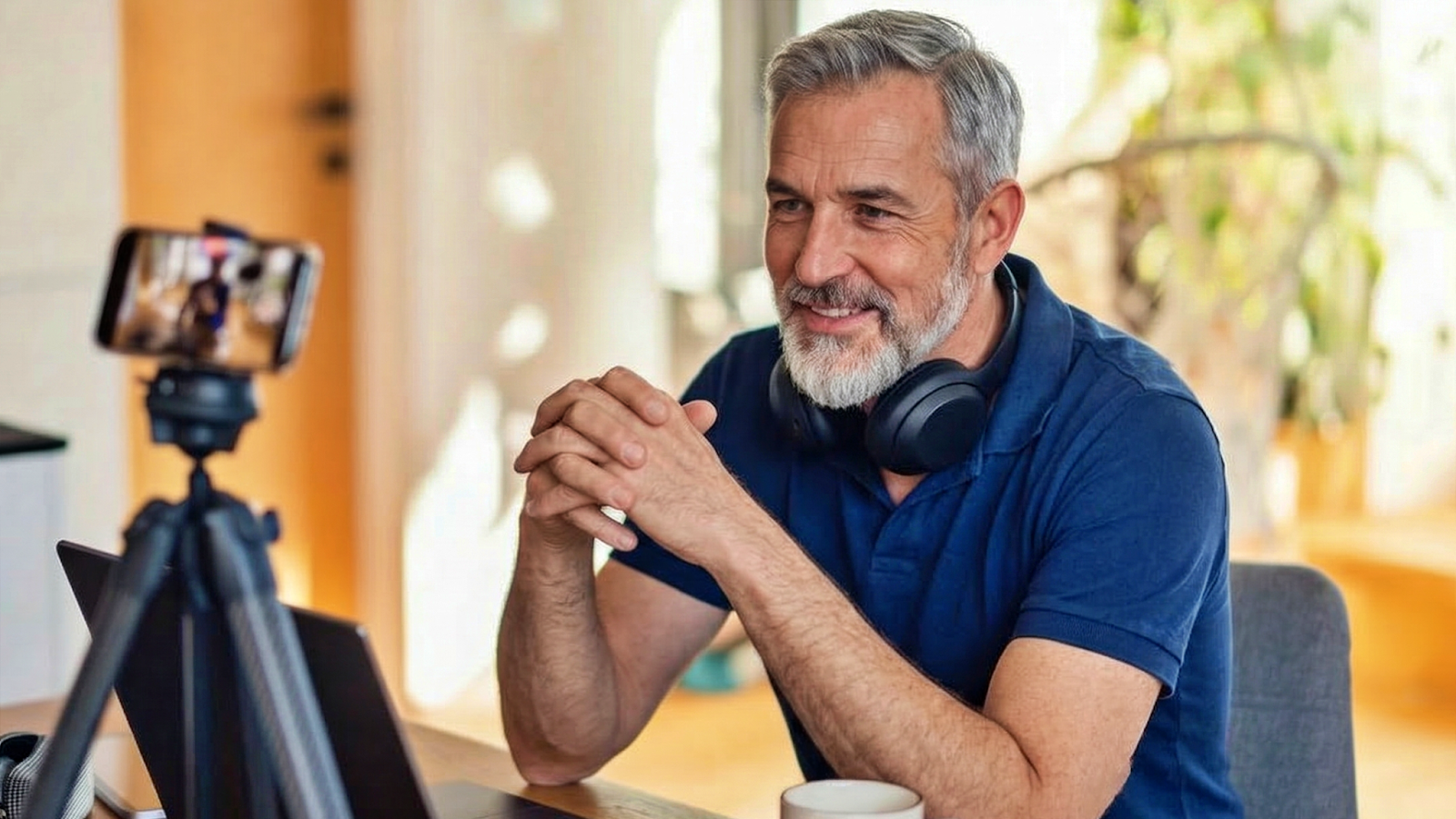 older gentleman doing a podcast