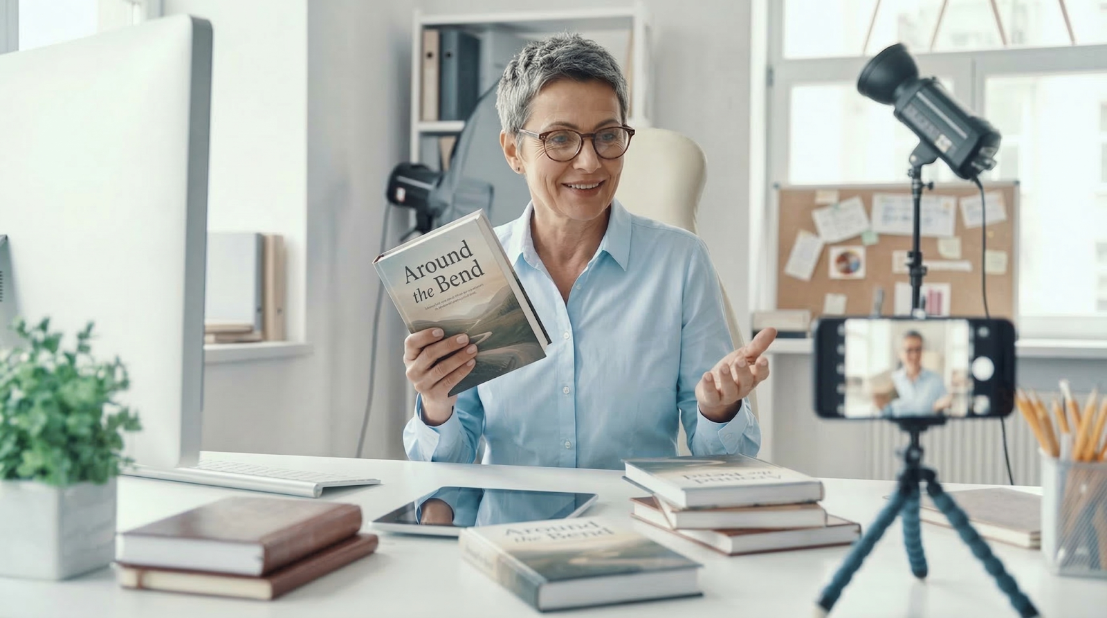 older woman creating a video while holding her book