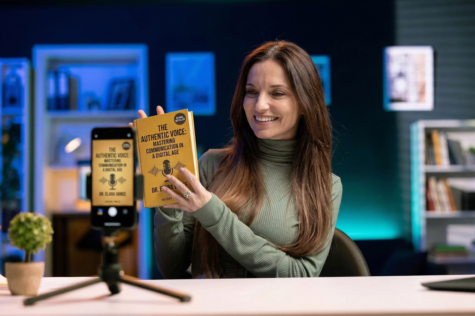  middle aged woman shooting a video to promote her book