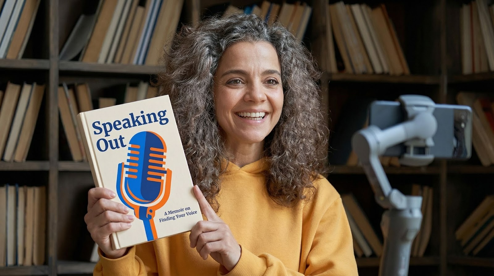woman shooting a video and promoting her book