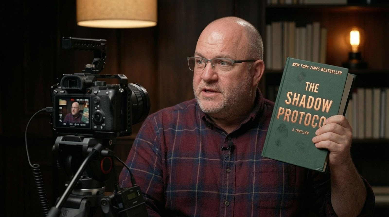 older gentleman shooting a video to promote his book