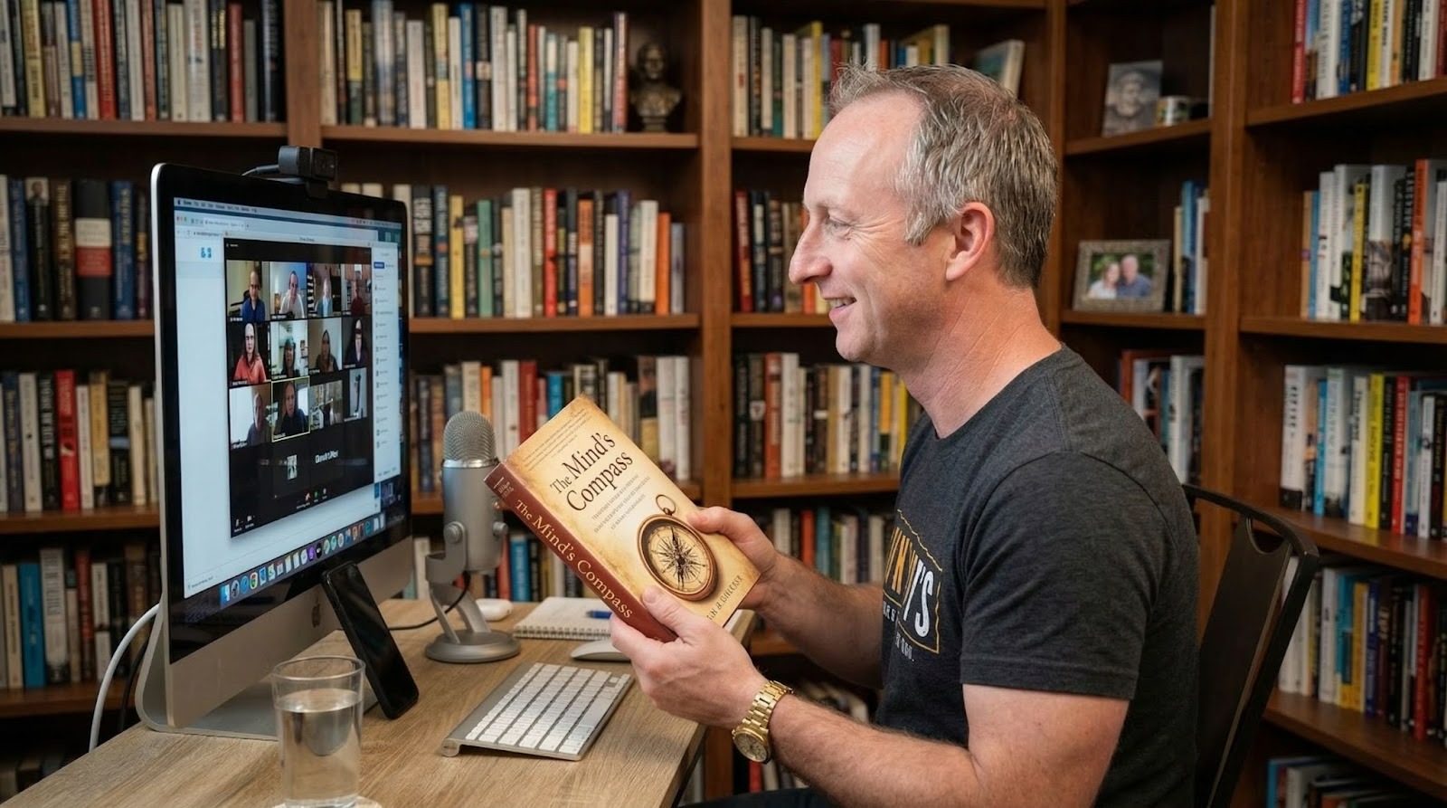 older guy holding a book in front of a macbook