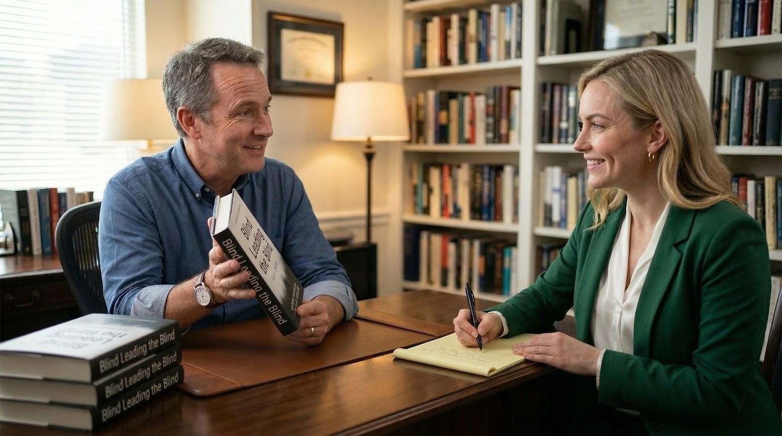 author on a meeting with a marketer