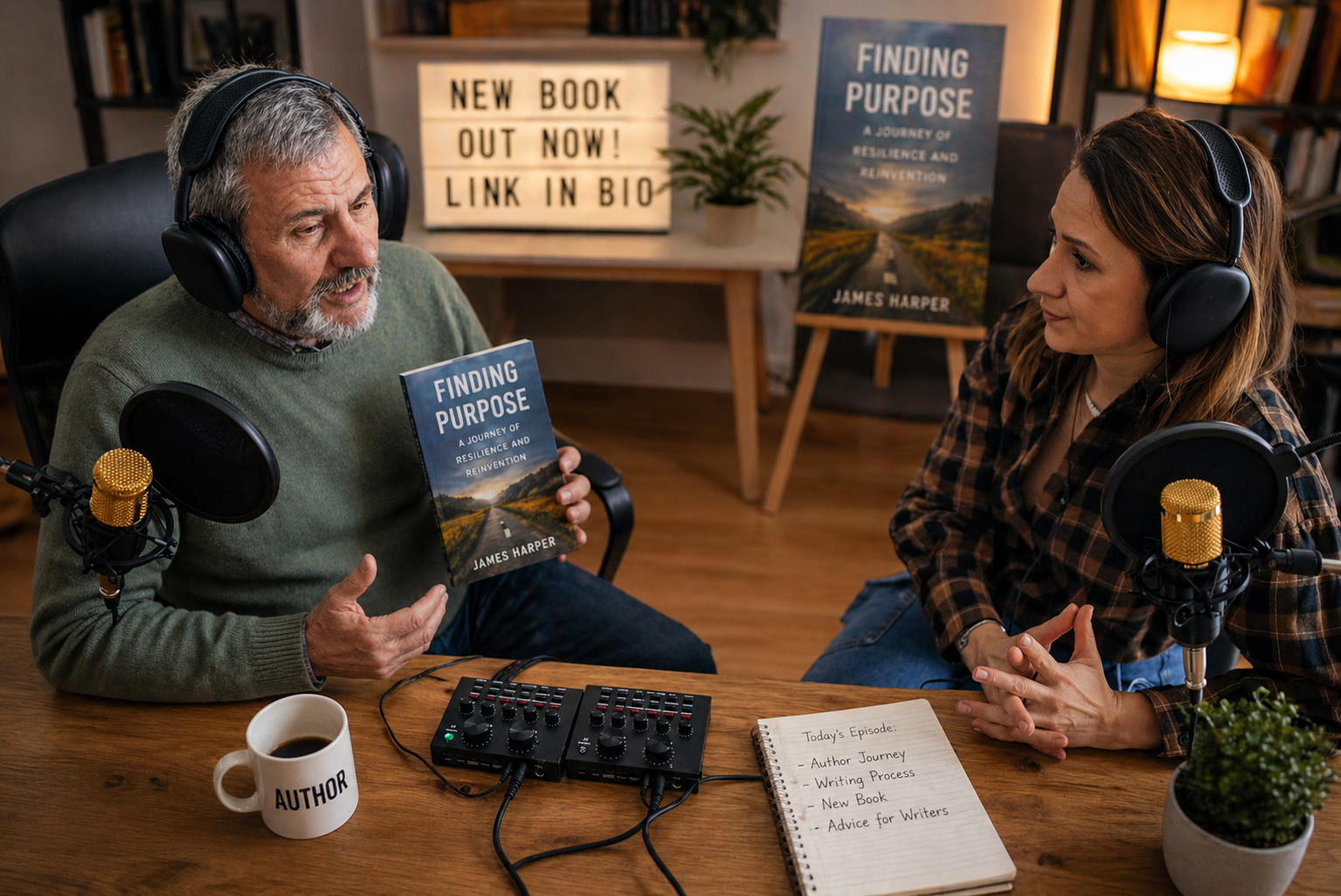 uthor recording a casual book excerpt video at a home studio desk, with a ring light and camera setup in the background