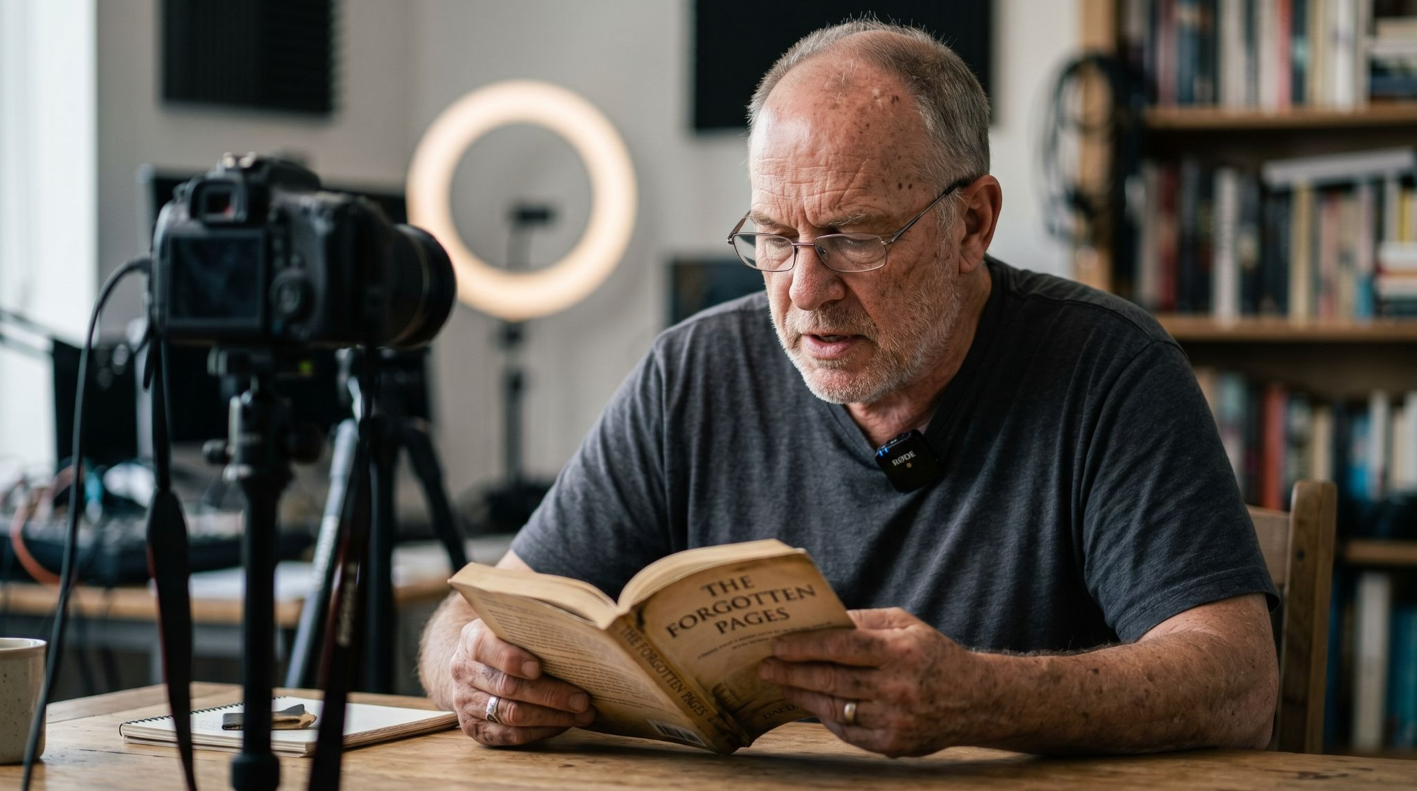 uthor recording a casual book excerpt video at a home studio desk, with a ring light and camera setup in the background
