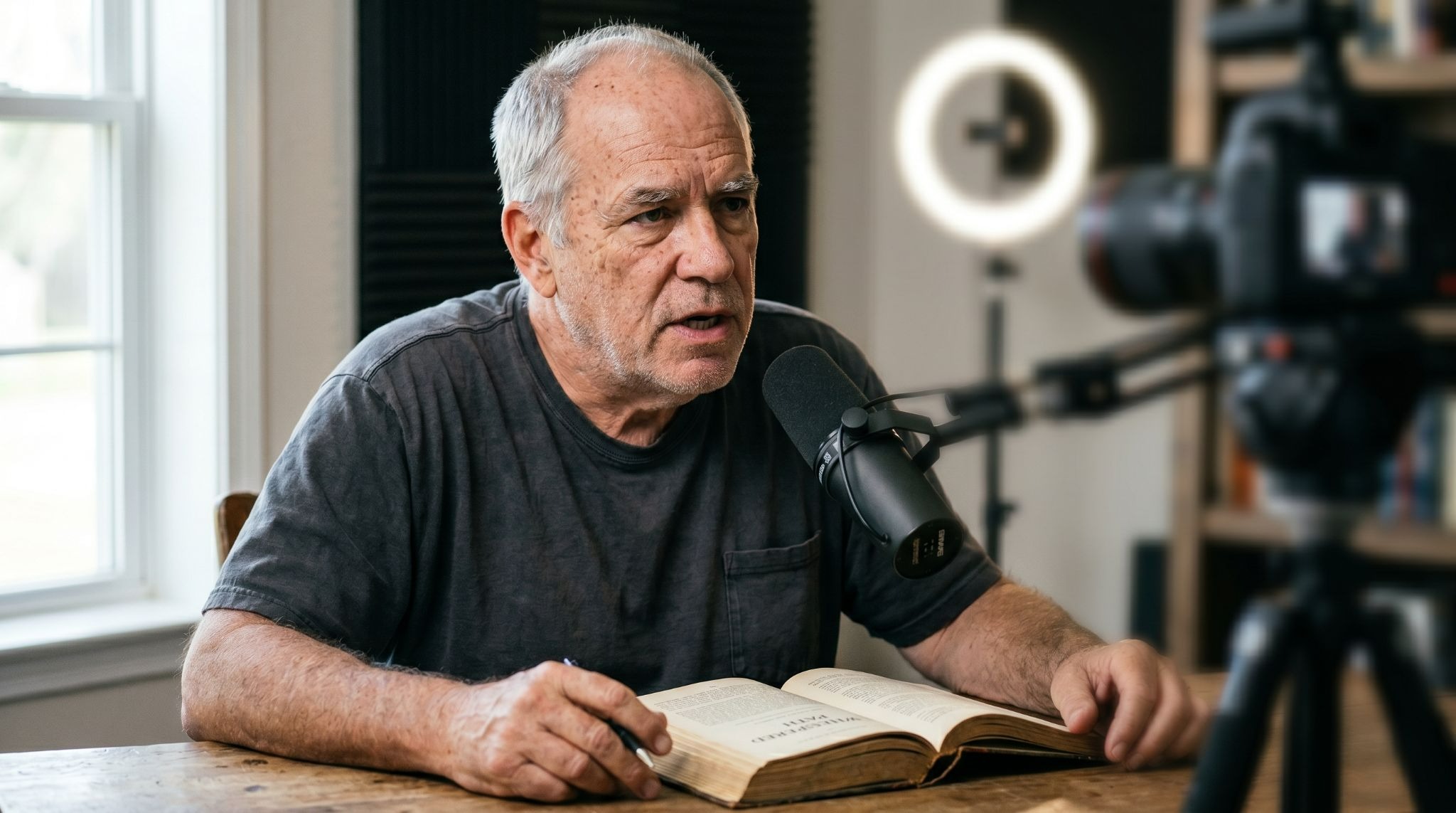 Author recording a short video on a smartphone for social media book promotion, with ring light and bookshelf visible in background