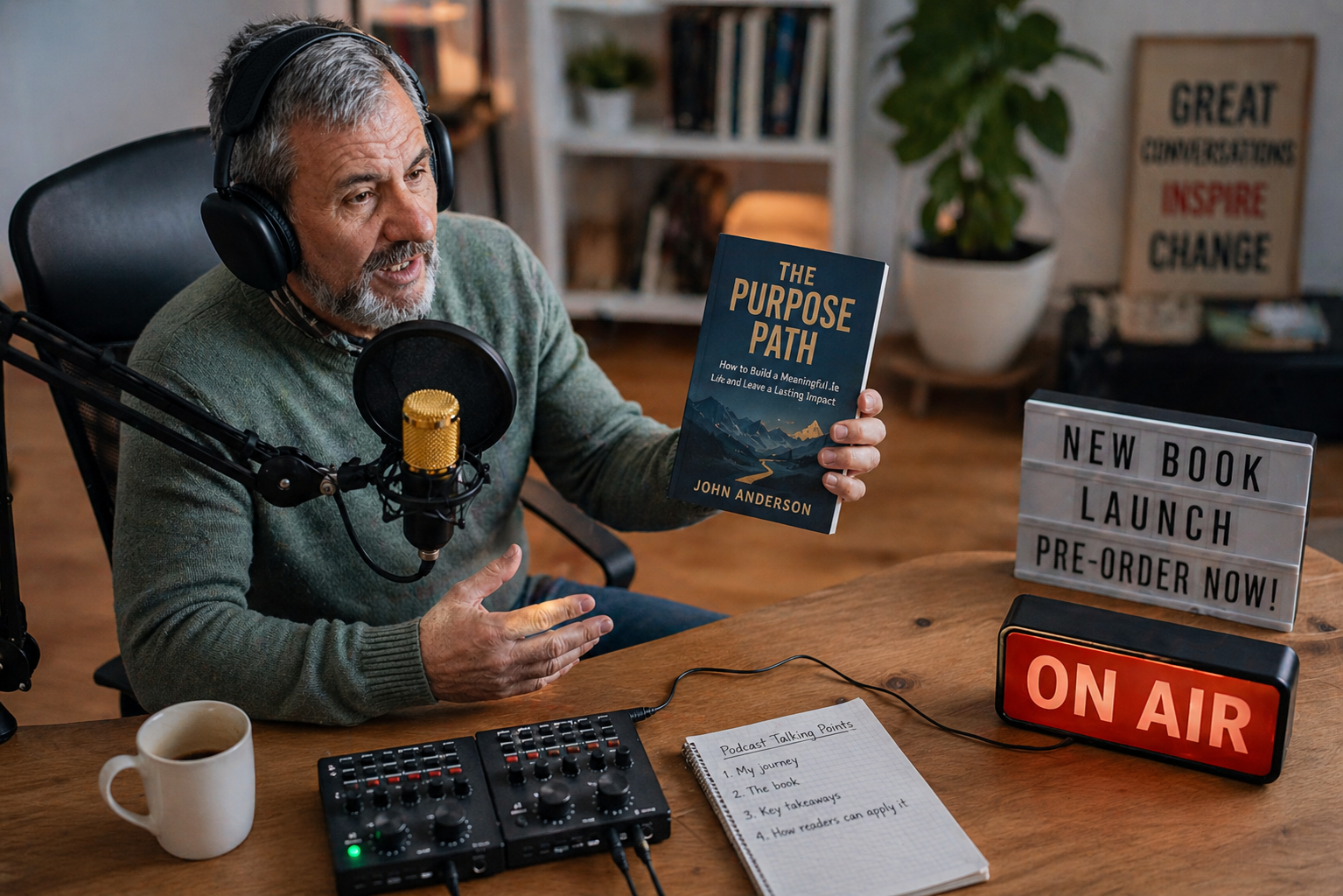 Author recording a podcast episode in a home studio setup with microphone and laptop