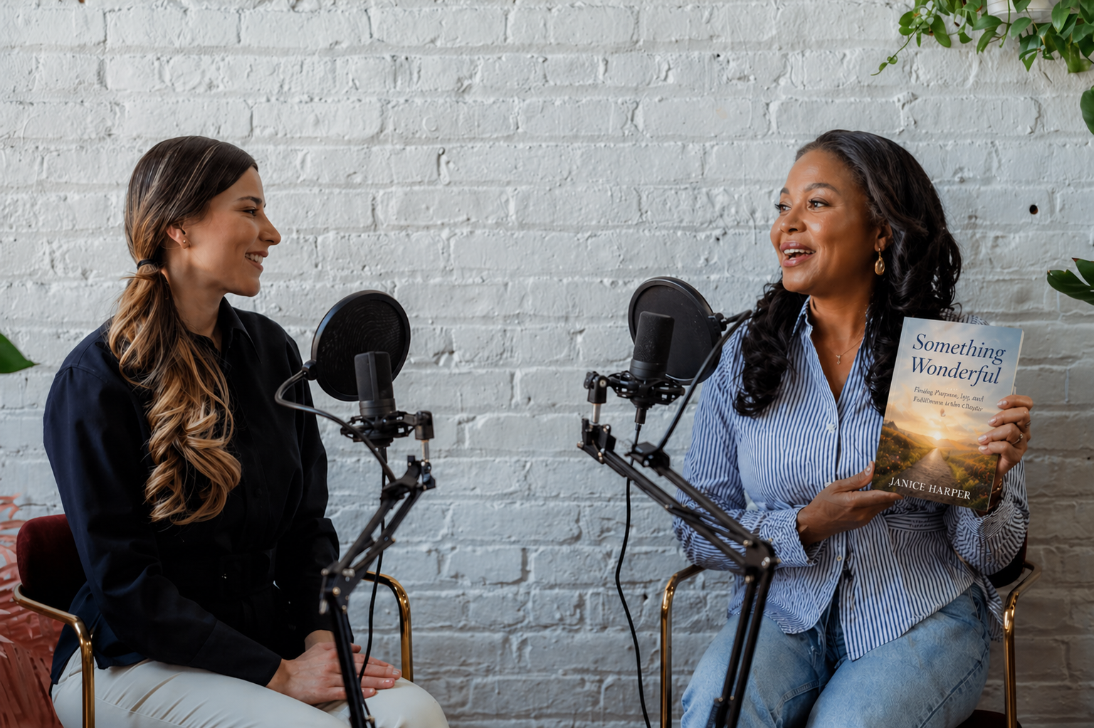 elder female author being interviewed on a podcast with microphone and headphones, promoting a book