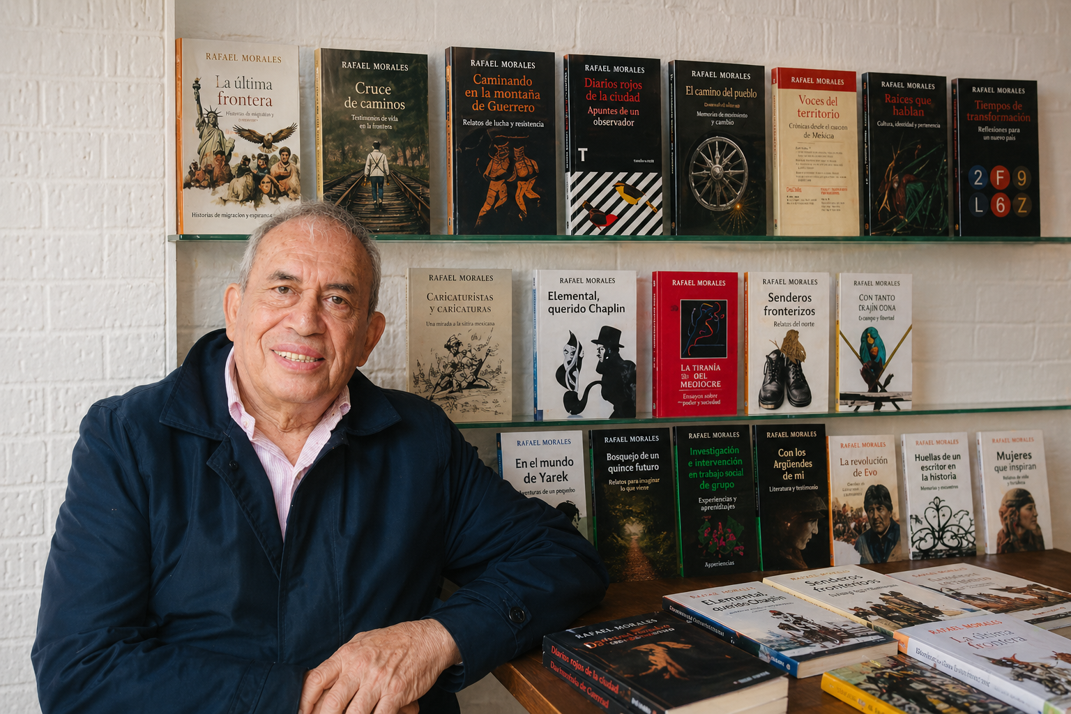 older author with bookshelf of his books