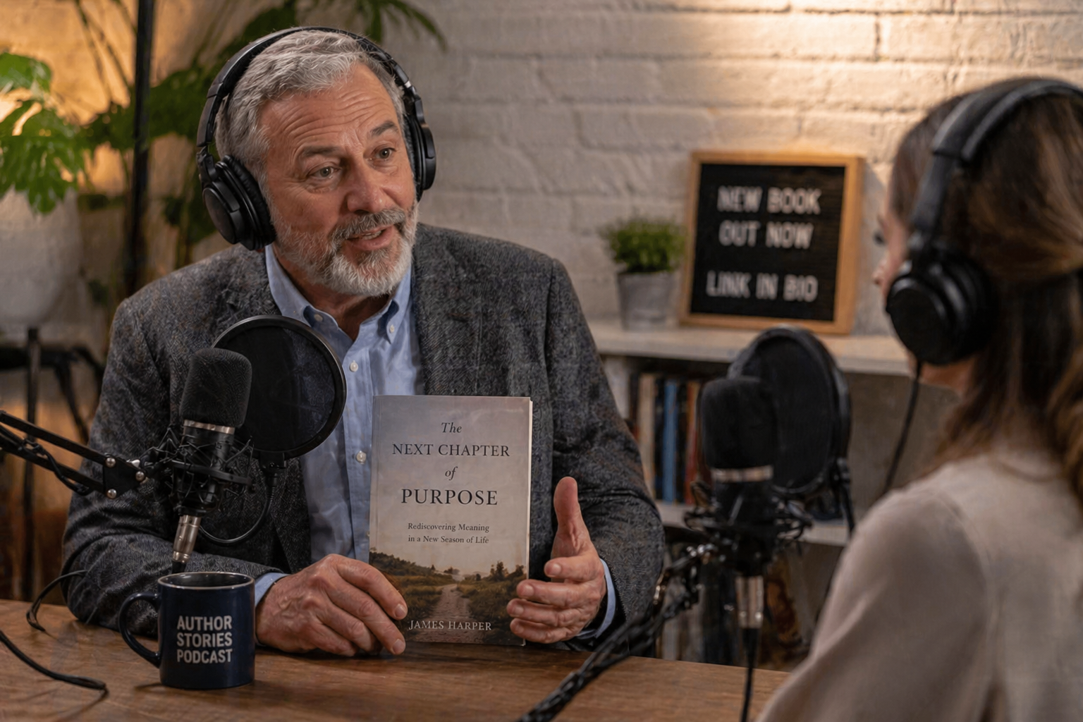 Author being interviewed on a podcast with professional microphone setup 