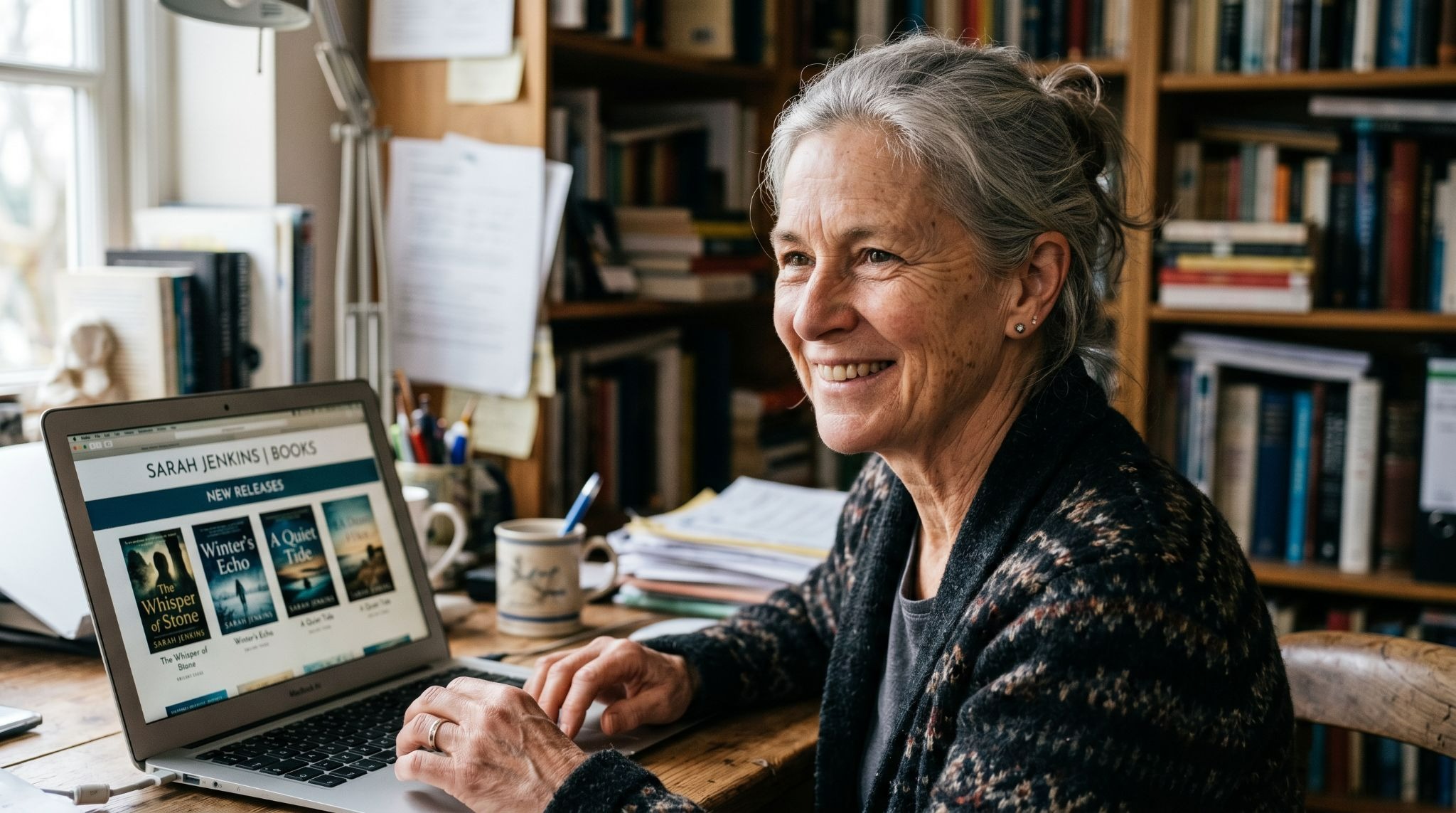 Author with multiple book covers displayed on a website showing a strong platform presence